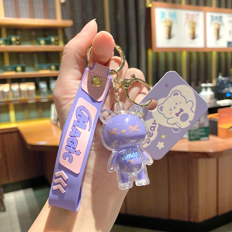 Transparan Kartun Lucu Akrilik Kristal Beruang Mobil Rumah Gantungan Kunci Keychain Tas Phone Case Bluetooth Earphone Cover Charms Liontin Hadiah Untuk Pria Wanita