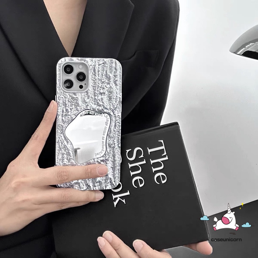 IPHONE Luxury Electroplate Plating Kerut Kreatif Make Up Mirror Case Kompatibel Untuk Iphone11 13 14 12 Pro MAX XR 7Plus 8Plus X XS Max7 6 6S 8Plus SE 2020 Lembut Ins Fashion Cover