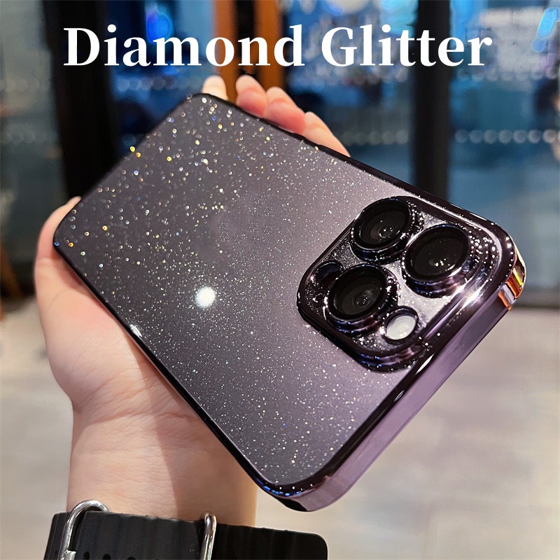 IPHONE Luxury Silver Glitter Electroplate Bumper Bling Clear Case Untuk Iphone14 13 12 Pro Max Case Dengan Lensa Film Silikon Penutup Akrilik