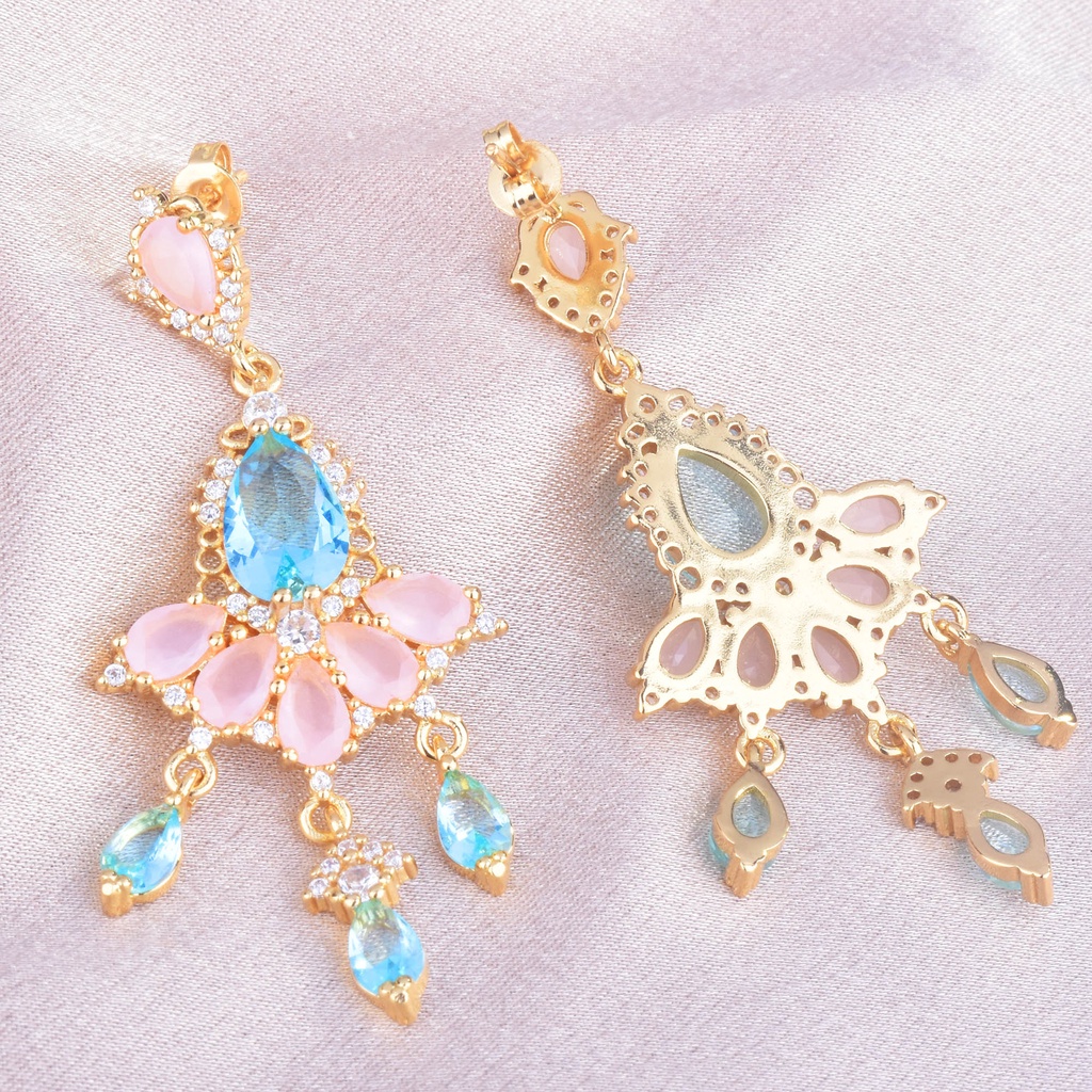 Goldkingdom Aksesoris Perhiasan Fashion Ready Stock Warna-Warni Pink Kristal Embun Biru Anting Tugas Berat Anting Rumbai