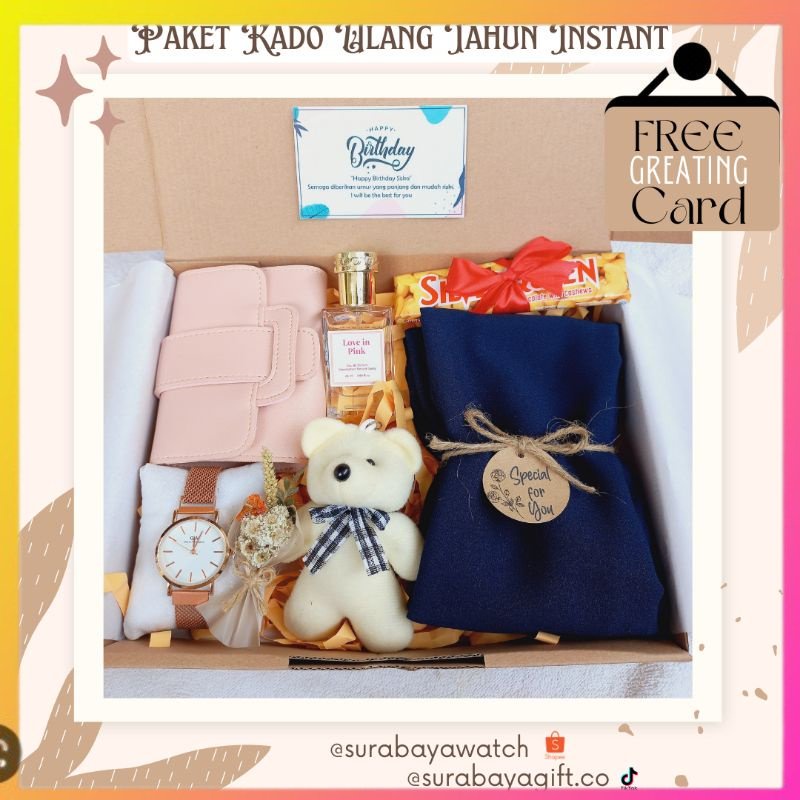 

RILIS❤❤❤ Paket Gift Box Cewek Hampers Ulang Tahun Paket Kado Wisuda Coklat Silverqueen Dompet Pashmina Hijab Gantungan Kunci Ucapan Anniversary Buket Bunga Wisuda Graduation Kartu Ucapan