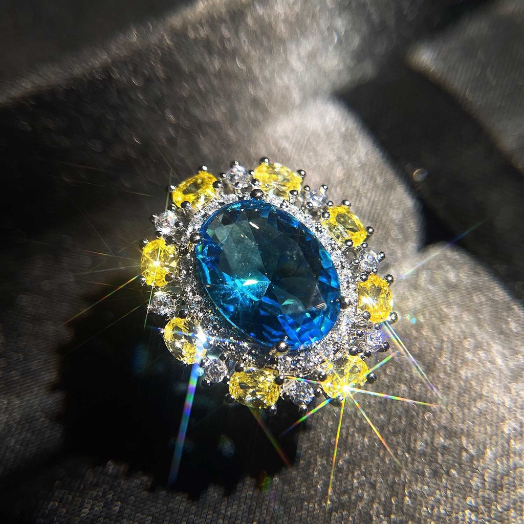 Goldkingdom Aksesoris Perhiasan Fashion Ready Stock Ascut Berlian Kuning Cincin Terbuka Telur Angsa Laut Biru Berlian Wanita Ring