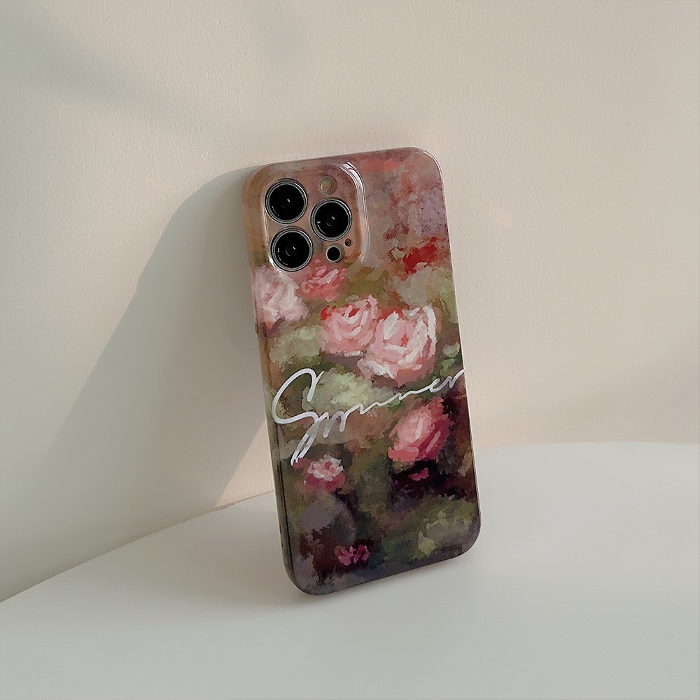 IPHONE Lukisan Minyak Vintage Mawar Musim Panas Tebal 1.5mm Glossy PC Phone Hard Film Tidak Luntur Cover Pelindung Untuk Iphone7 8 PLUS X XR XS 11 12 13 14 PRO MAX SE 2020