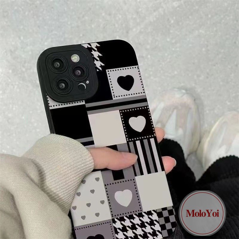 IPHONE Casing Pola Penyambungan Kisi Cinta Hati Berlian Hitam Putih Kompatibel Untuk Iphone11 14 13 12 Pro Max8 7 Plus XR X XS MAX 7Plus Stiker Tekstur Kulit Mewah Soft Cover