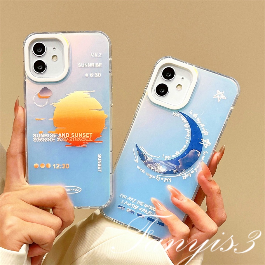 Compatible For IPhone 14 13 12 11 Pro Max X XR Xs Max 8 7 Plus SE 2020 Kompatibel Untuk Sunrise Dan Sunset Moon IMD Laser Gradient Phone Case TPU Lembut Shockproof Cover Pelindung