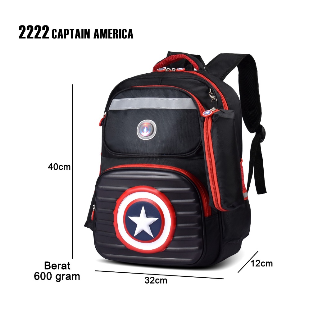 Tas Anak Laki Laki SD Cartoon 2222 Sekolah Import Premium Kualitas Gambar Karakter Superhero Timbul Lampu Motif Batman,Captain America,Iron Man, Spiderman