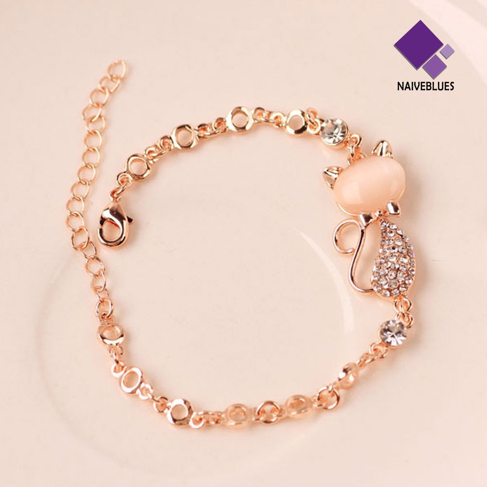 &lt; Naiveblues &gt; Fashion Bentuk Kucing Imitasi Opal Berlian Imitasi Hias Pesona Lady Gelang Perhiasan
