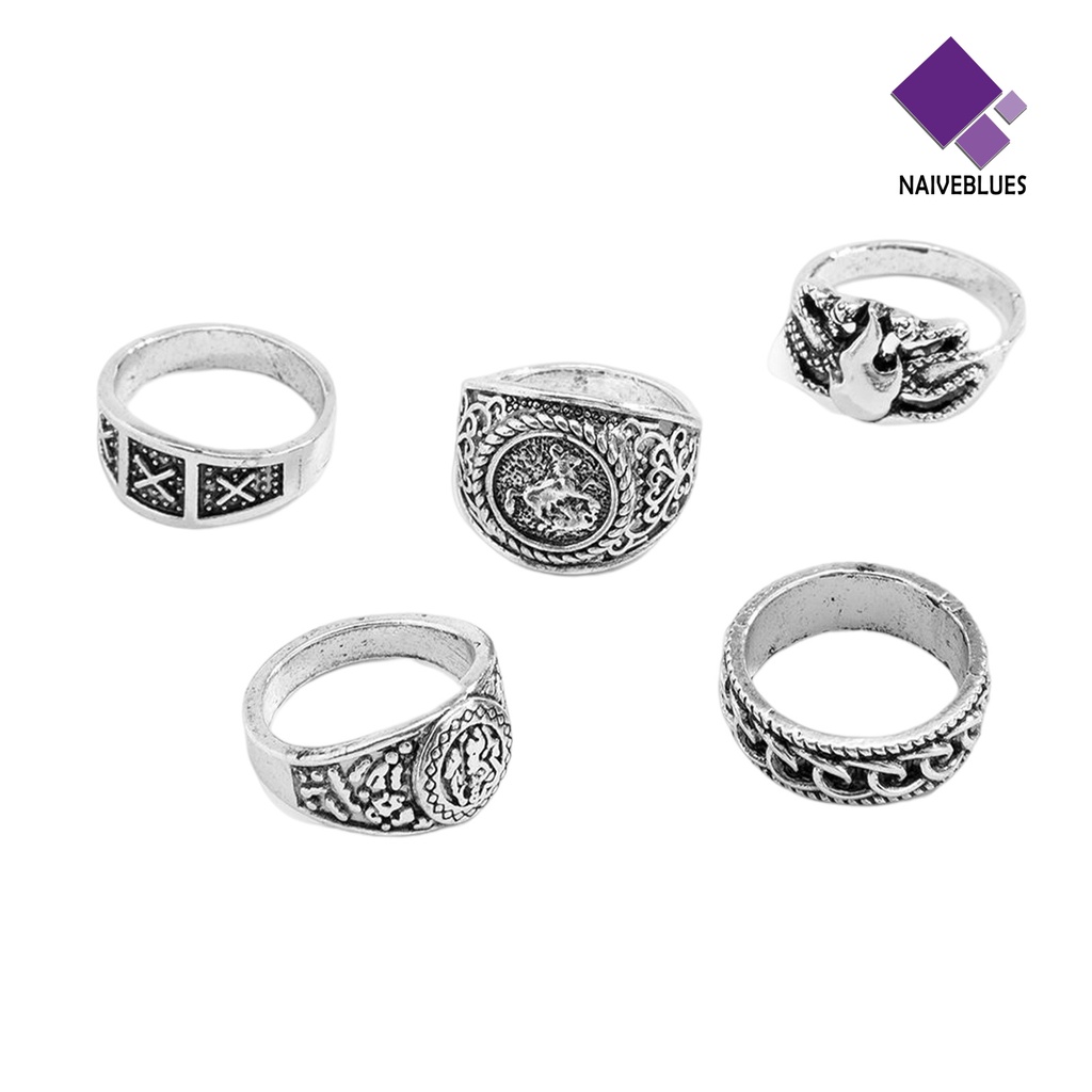 &lt; Naiveblues &gt; 5Pcs/Set Cincin Buku Jari Pola Halus Geometris Mewah Retro Dekorasi Perhiasan Vintage Gothic Joint