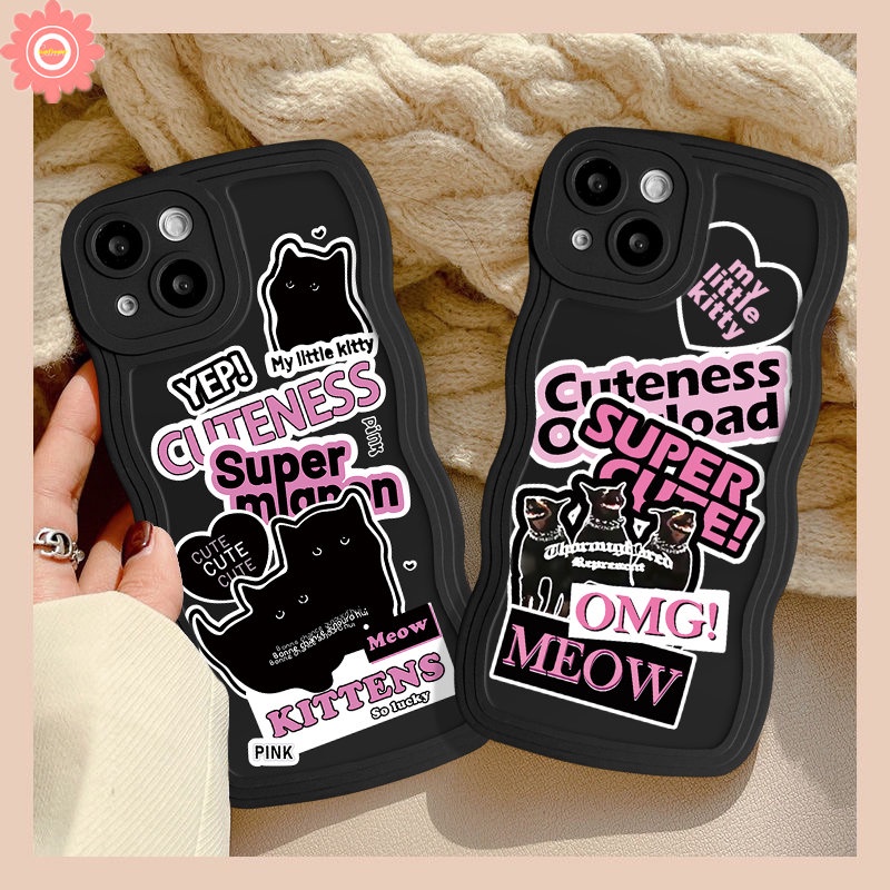 Casing Ponsel Kartun Kucing Anjing Keren Kompatibel Untuk iPhone 7Plus 8Plus 11 14 12 13 Pro Max XR X7 8 6 14 6s Plus XS Max SE 2020 Ins Trendy Stiker Label Lembut Tpu Bergelombang Penutup Tepi