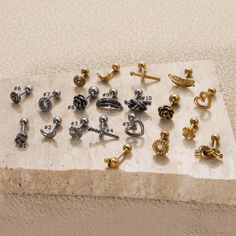 1biji Tengkorak Kepala Bulan Beruntung Bunga Hati Bulu Bentuk Tulang Rawan Anti Helix Tragus Tindik 16Gauge Stainless Steel Barbel Anting Stud