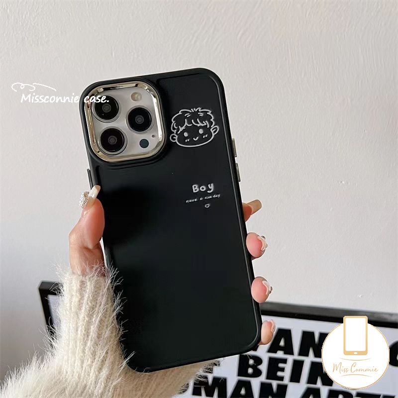 IPHONE Casing Ponsel Cowok Cewek Simple Lucu Kompatibel Untuk Iphone11 14 12 13 Pro Max7 8 Plus X XR 8plus XS MAX 7plus Pasangan Plating Bingkai Lensa Logam Lembut Tpu Penutup Belakang