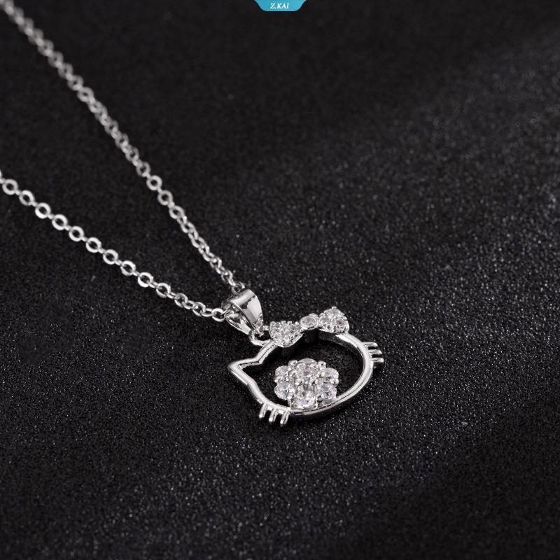 Sanrio Kalung Hello Kitty Kawaii Lucu Kartun Klavikula Rantai Kucing Dan Berlian Cincin Liontin Sterling Silver Gadis Manis Hadiah Ulang Tahun [ZK]