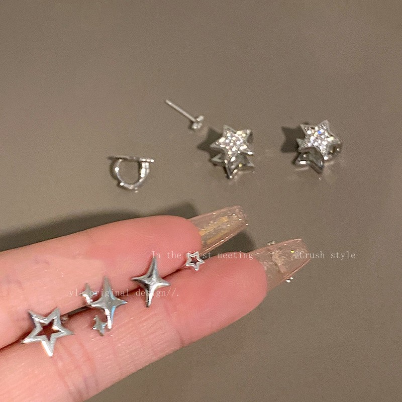 6pc/set Anting Perak Kristal Zirkon Bintang Berujung Lima Earrin Untuk Aksesoris Perhiasan Fashion Wanita