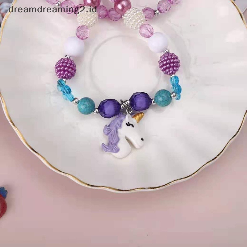 (drea) 1set Lucu Kartun Unicorn Hujan Kalung Gelang Untuk Gadis Lucu Liontin Aksesoris Fashion Mermaid Princess Perhiasan//