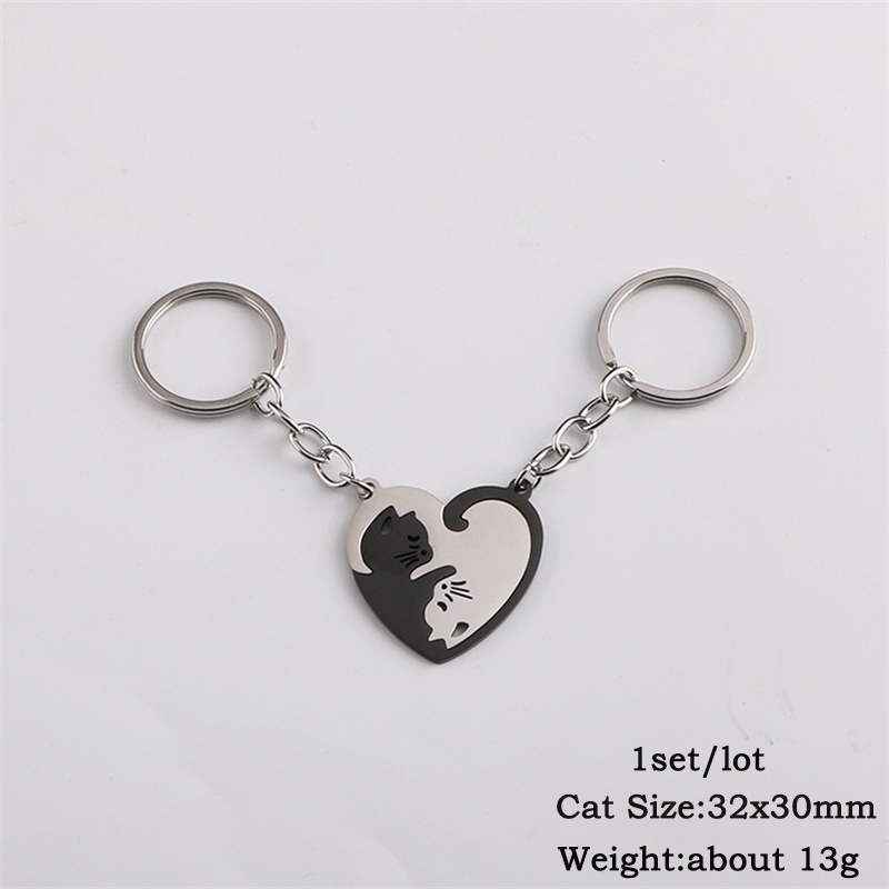 2 Pcs Lucu Hitam Putih Kucing Gantungan Kunci Patchwork Hati Bulat Pasangan Pecinta Keyring Stainless Steel Ransel Mobil Key Ring Perhiasan