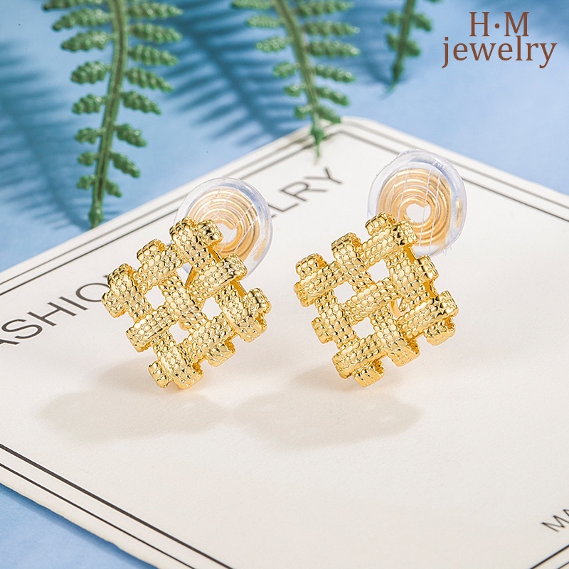 S925 Perak Geometris Persegi Anyaman Stud Anting-Anting Sederhana Elegan Bermutu Tinggi Koil Nyamuk Telinga Klip