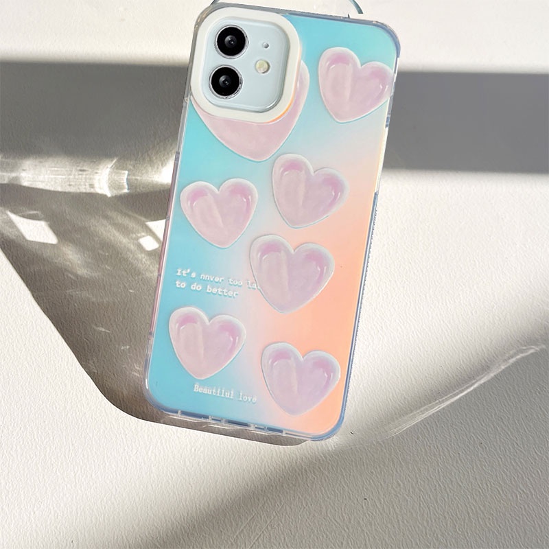 Compatible For IPhone 14 13 12 11 Pro Max X XR Xs Max 8 7 Plus SE 2020 Kompatibel Untuk Cinta Hati Yang Indah IMD Gradiasi Laser Casing Ponsel TPU Lembut Shockproof Cover Pelindung