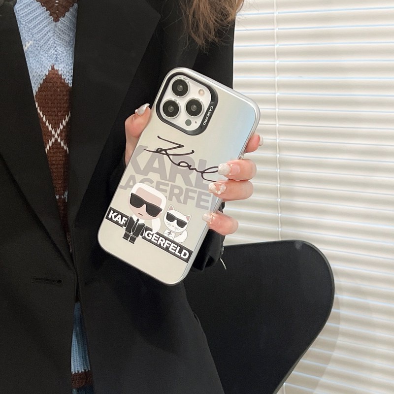 Fashion Silver Karl Lagerfeld Cat Soft Case HP iP iPhone 14 13 12 Pro Max 11 Matte FTD Casing Apple