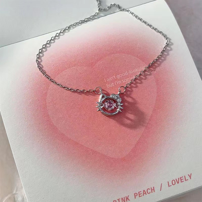 Fashion Kucing Merah Muda Berlian Detak Jantung Liontin Stainless Steel Tahan Air Kalung Perak