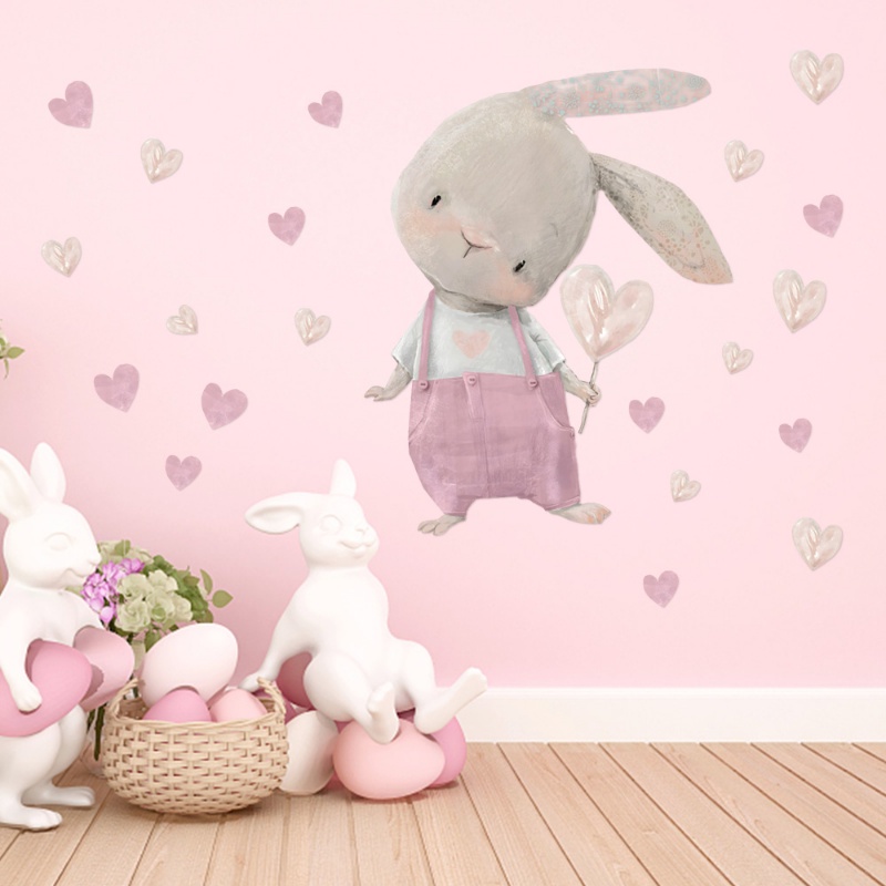 60*40cm Kamar Anak Hias Lucu Bunny Hearts Wall Sticker/Nursery Kawaii Kartun Kelinci Wallpaper Dekorasi