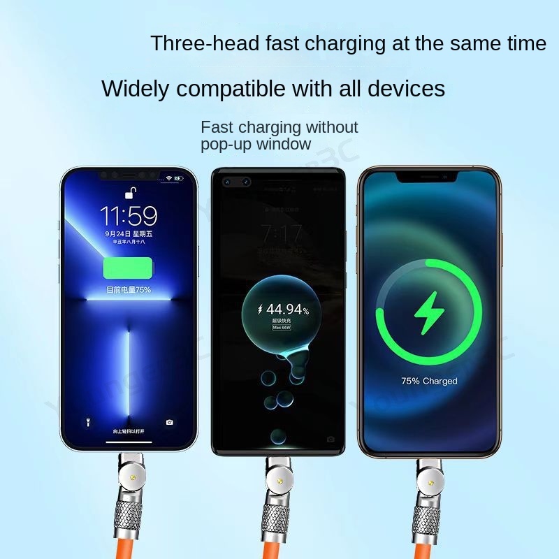 6a 180°Rotasi Kabel Pengisian Super Cepat 120W Zinc Alloy Charging Cord 3in1 Rotating Silicone Charging Wire Untuk ios Tipe C Android