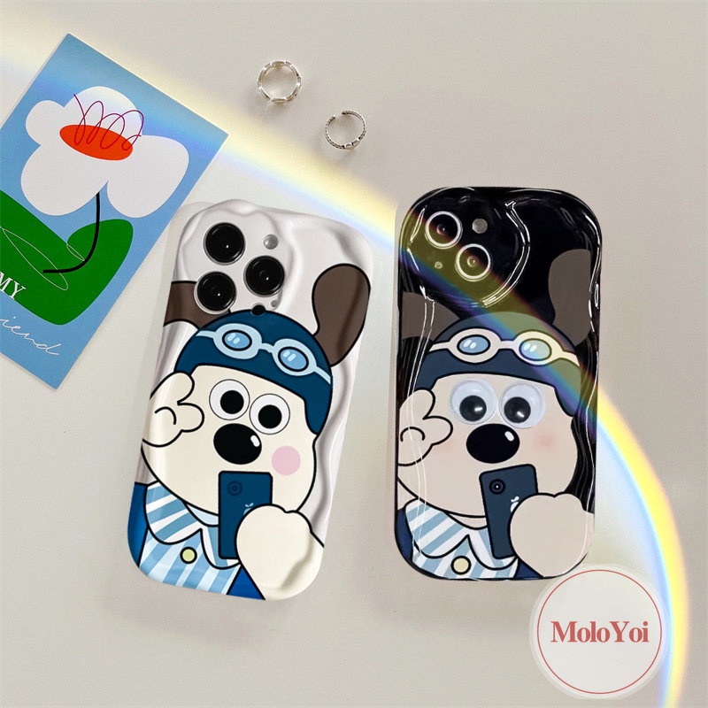 IPHONE Casing Belakang Airbag Glossy 3D Wavy Curved Edge Kompatibel Untuk Iphone11 12 13 14 Pro Max 6 8 6s 7plus XR XS X Max SE 2020 Couple Kartun Lucu Anjing Gromit Lembut Tpu Cover