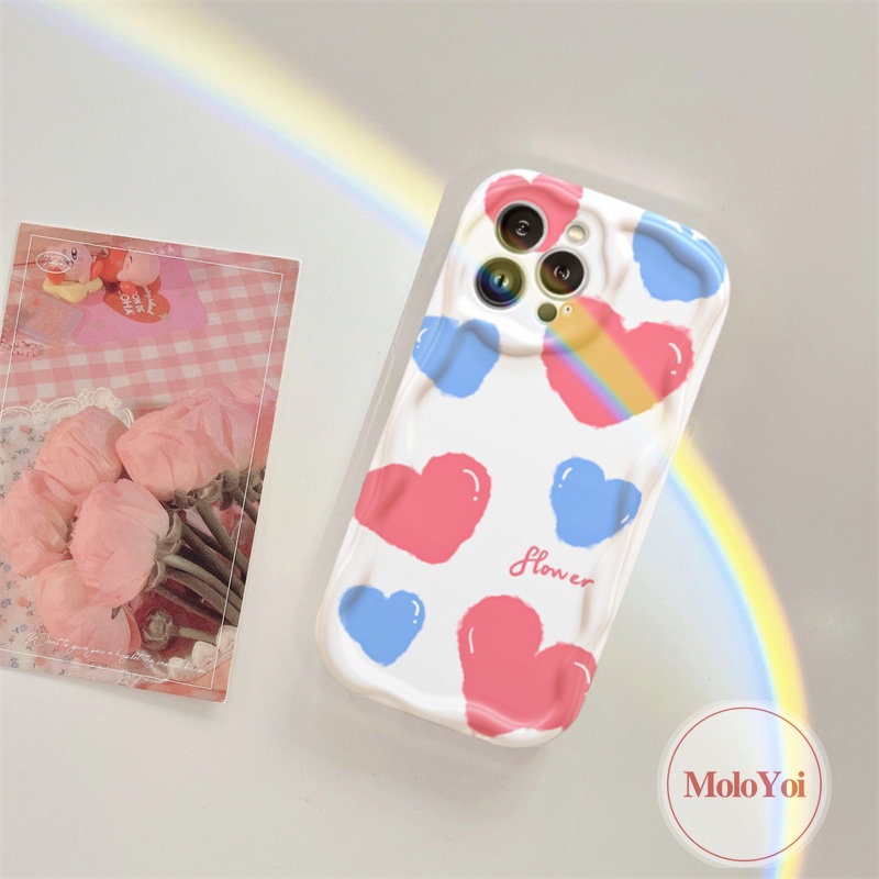 IPHONE Cream Lover Heart Blue Flowers Shockproof Case Kompatibel Untuk Iphone11 12 14 13 Pro Max8 7 6 6s Plus XR XS X Max SE 2020 3D Wavy Curved Edge Soft Tup Cover