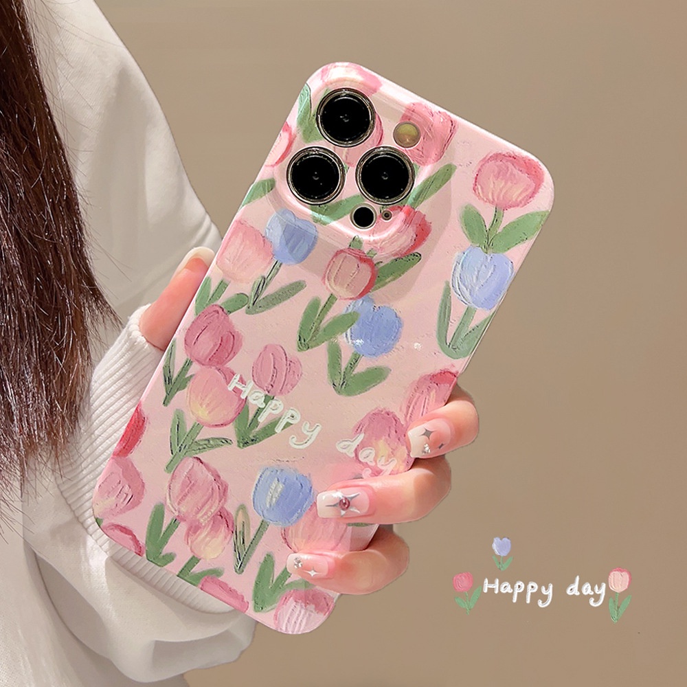 Ins A Sea of Pink Tulips Hard Shell Film Fotografi Case Untuk Iphone SE 2020 7 /8 Plus 14x XR XM 11 12 13 PRO MAX Casing Cover Pelindung AT0285