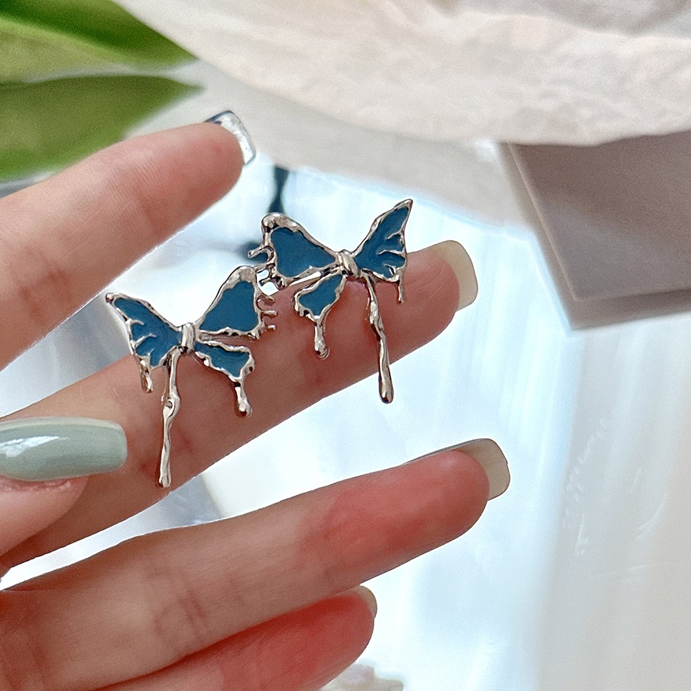 Anting Klip Kupu-Kupu Enamel Biru Untuk Wanita Perhiasan Logam Non Tindik Hadiah Pesta