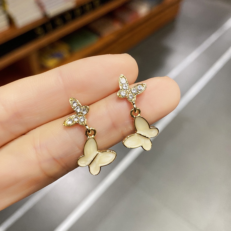 Korea Lucu Enamel Berlian Imitasi Butterfly Drop Anting Untuk Wanita Fashion Perhiasan Hewan Hadiah Pesta