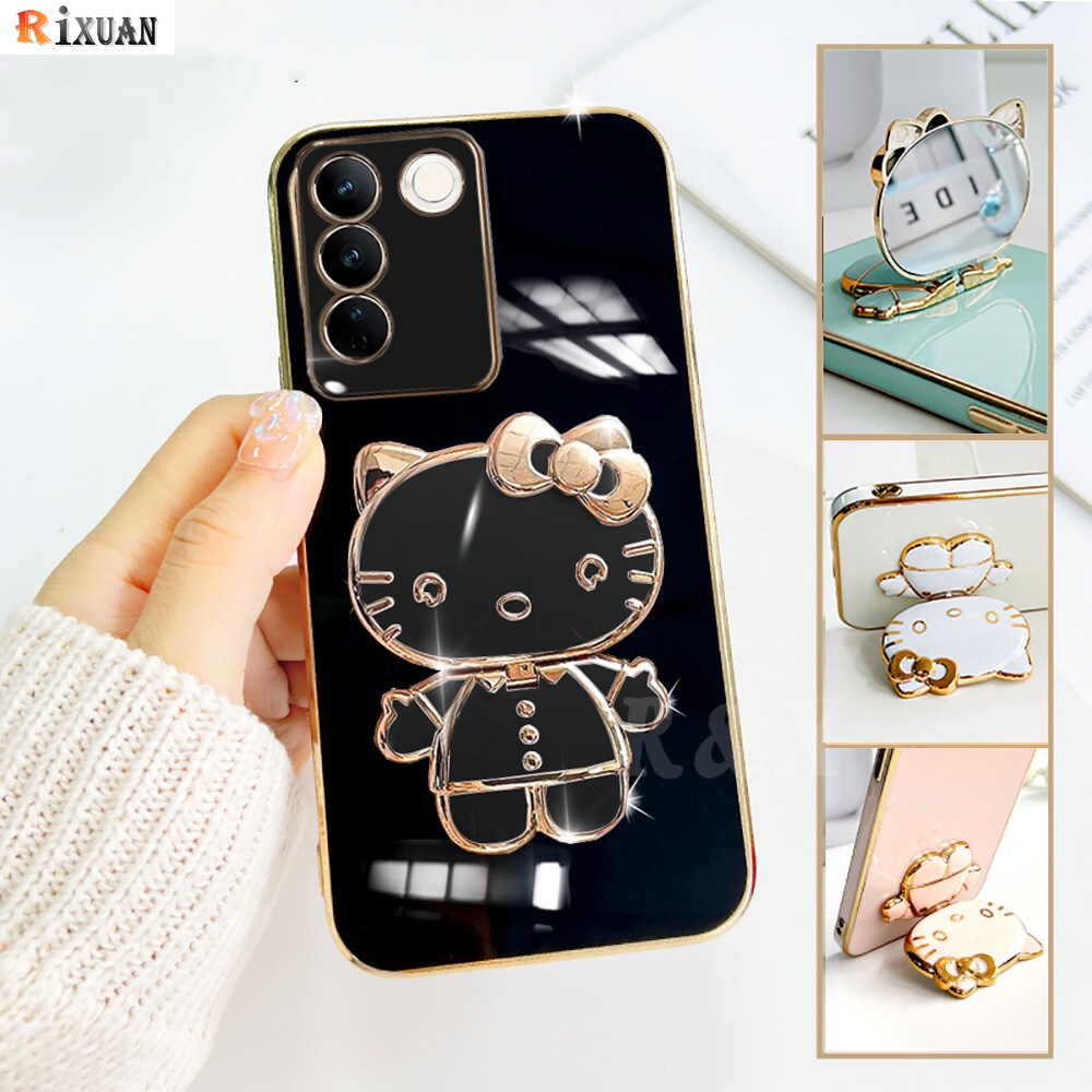 Vivo V27e V25e V25 V21 V23e V21e V20 SE V19 NEO IQOO Z7X Cermin Rias Fashion Kitty Cat Stand Holder Mewah Plating Karet Soft Cover Rixuan