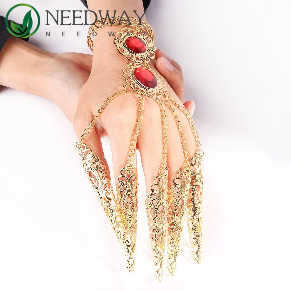 Needway   Gelang Jari Emas Gaya Antik Kostum Berongga Permata Merah India Thai Perlindungan Ujung Jari Kuku Rings