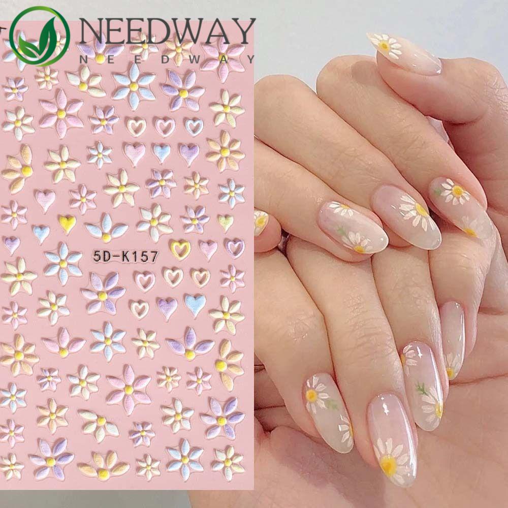 Needway   Bunga Stiker Kuku 5D Relief Fashion Cinta Hati Daisy Self Adhesive Nail Dekorasi