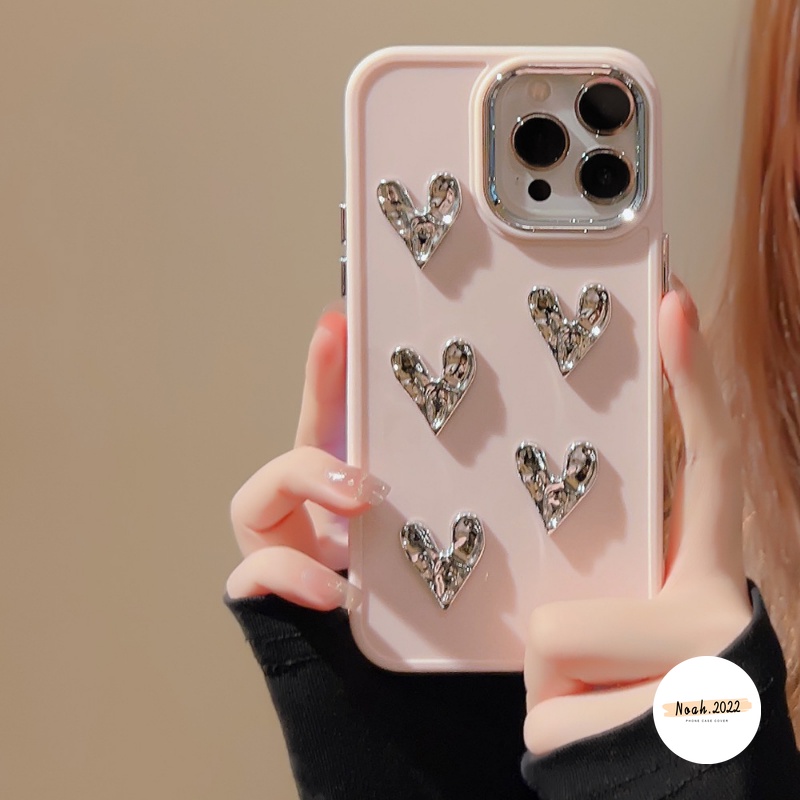 IPHONE Casing Persegi Plating Cinta Hati 3D Kompatibel Untuk Iphone11Xr 7Plus 8Plus 14 12 13 11 Pro MAX X XS MAX Mewah Mode Canggih Simple Solid Macaron Warna Permen Lembut Ponsel Cover