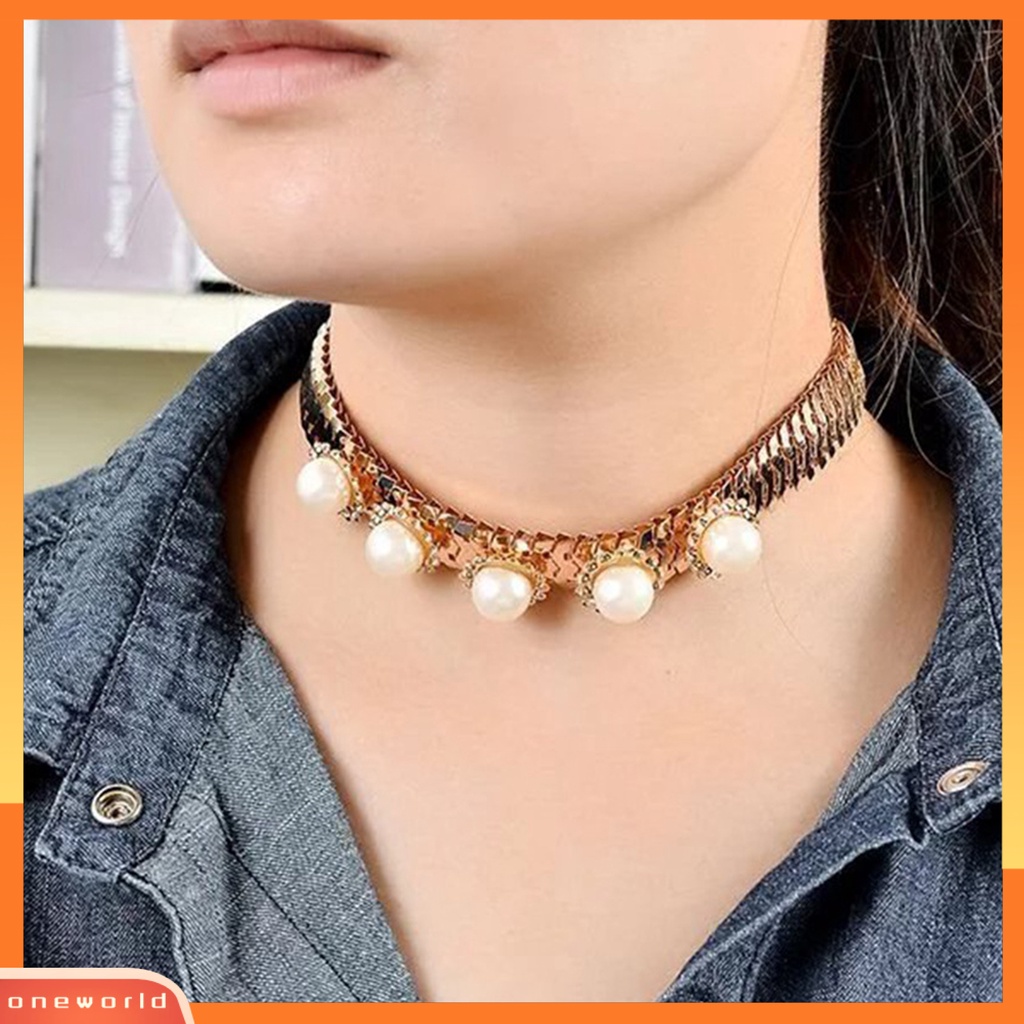[ONE] Mutiara Imitasi Dekorasi Berlian Imitasi Wanita Kalung Alloy Adjustable Rantai Ular Kerah Kalung Perhiasan Aksesori