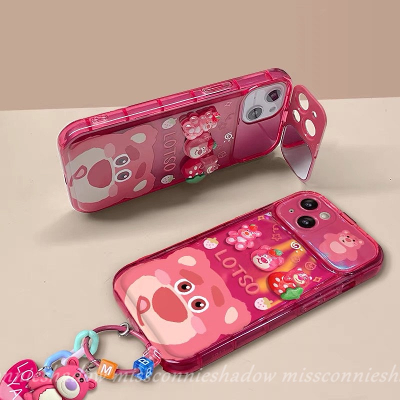 3d Mainan Kartun Strawberry Bear Cute Manyo Flip Make Up Mirror Case Untuk Oppo A12 A15 A15s A3s A5s A7 A57 A53 A9 A5 A31 A77 A35 A77S A11K A33 2020 Soft Cover Tahan Guncangan