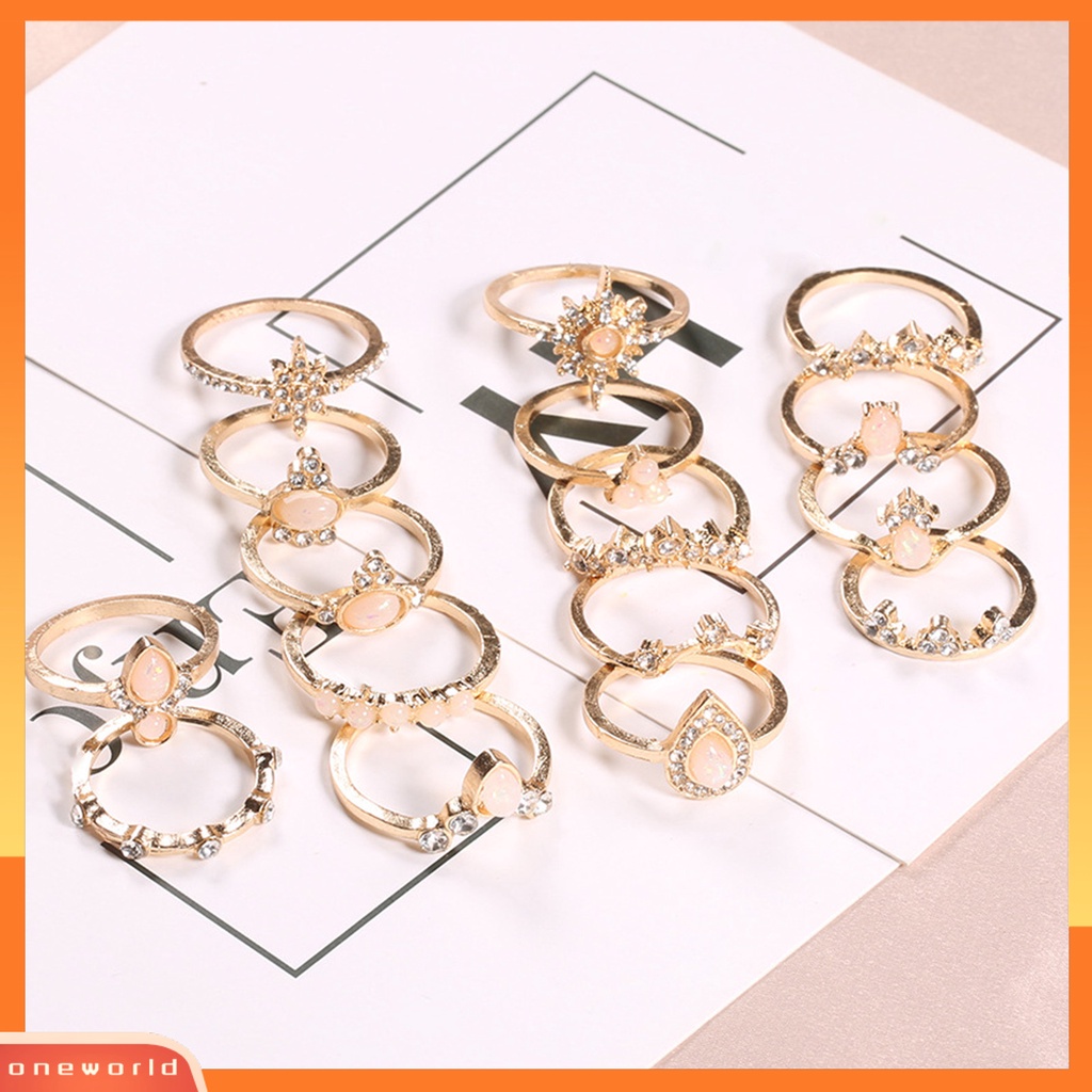 [ONE] 16 Pcs/Set Mahkota Bentuk Berlian Imitasi Knuckle Rings Alloy Bohemia Stackable Finger Rings Aksesori Perhiasan