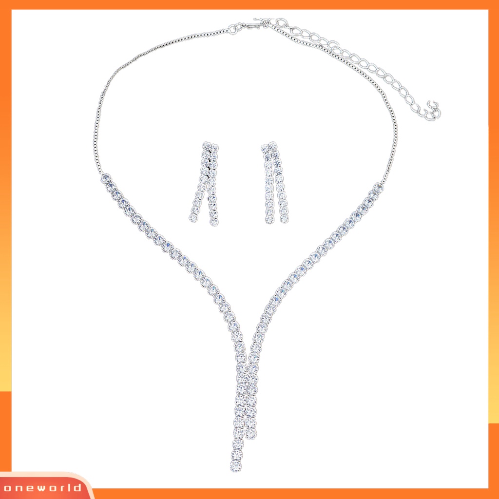 [ONE] 1set Anting Pengantin Mewah Mengkilap Pengerjaan Indah Berlian Imitasi Menawan Berdandan Gloss Tinggi Pernikahan Bersinar Cubic Zirconia Kalung Pesta Perhiasan