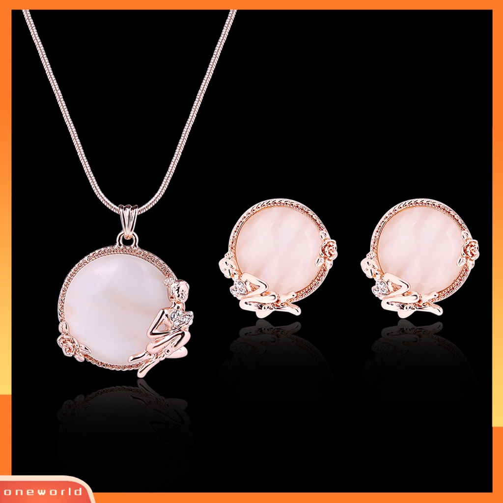 [ONE] 1set Kalung Anting Set High Gloss Bulat Opal Electroplating Kristal Imitasi Dress Up Stud Earrings Pendant Kalung Set Perhiasan Aksesori