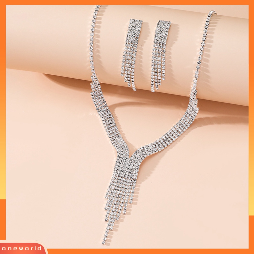 [ONE] 1set Kalung Perhiasan Berlebihan Rumbai Panjang Berlian Imitasi Dress Up Kalung Stud Anting Set Perhiasan Perjamuan Aksesori