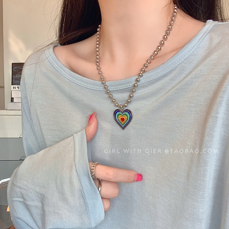 Kalung Liontin Manik Bulat Pelangi Love Drip Glaze Female Gaya Baru Trendy Influencer Cla Unik