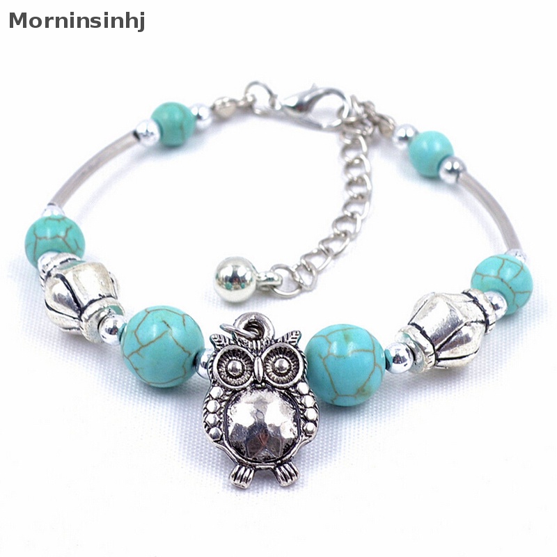 Mornin 1pcs Wanita Vintage Charm Perhiasan Perak Pld Owl Turquoise Gelang Bangle id