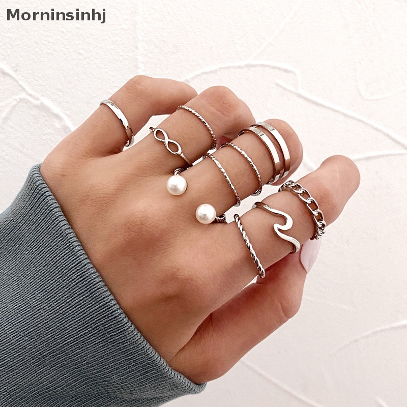 Mornin 10PCS Fashion Perhiasan Punk Warna Perak Rantai Lebar Cincin Set Logam Berongga Putaran Pembukaan Jari Cincin Tidak Teratur Jari Rings Untuk Gadis Lady Pesta Hadiah Pernikahan id