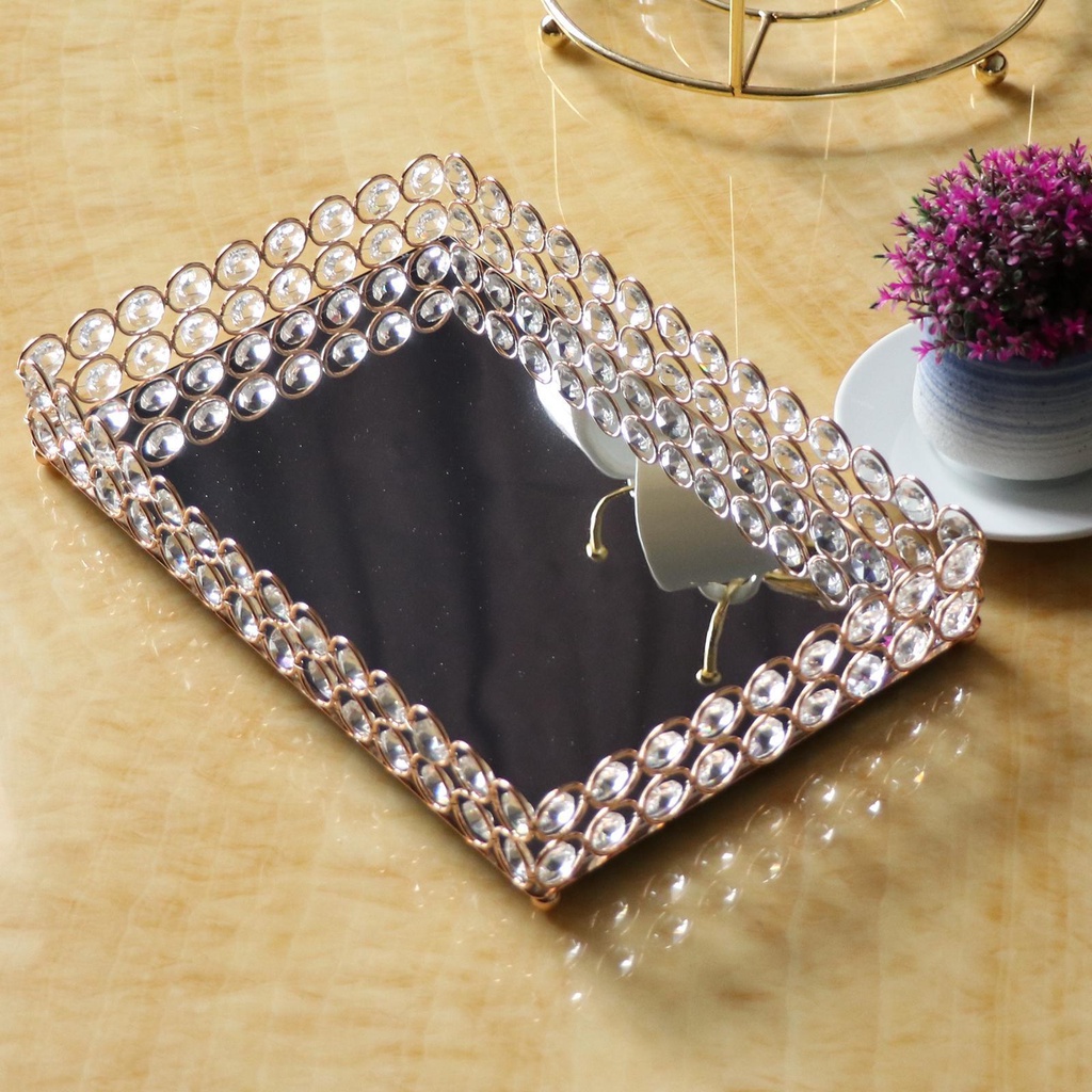 3ukuran - Mirrored Tray Home Nampan Vanity Decor Perhiasan Crystal 30x20x5cm Makeup Parfum