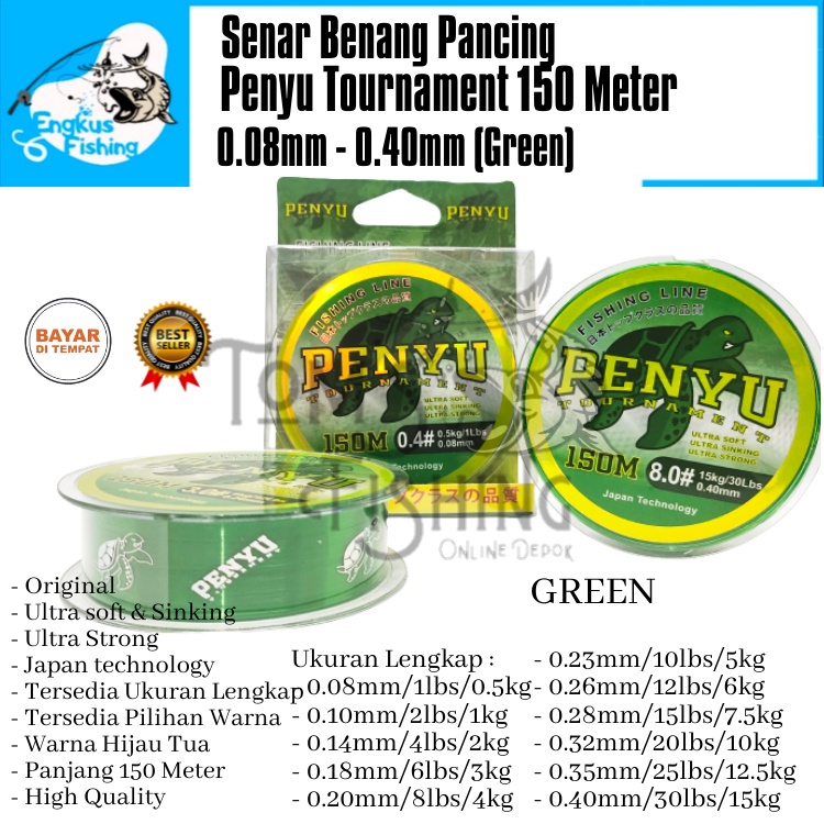 Senar Tali Pancing Penyu Tournament 150 Meter Original (0.08mm-0.40mm) Hijau Murah - Engkus Fishing