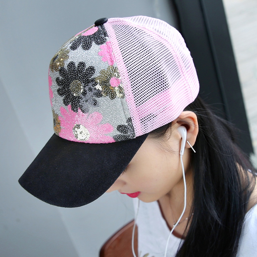 Topi Baseball Pria Wanita Motif Bunga Manik Sequin Trucker Hat Gaya Casual Kualitas Import BSBO