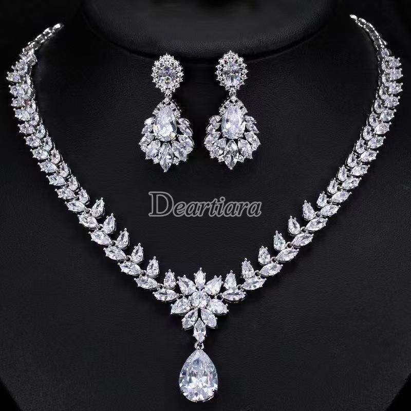 Set Perhiasan Kristal Zirkon Mewah Pernikahan Pengantin Kalung Anting Kit