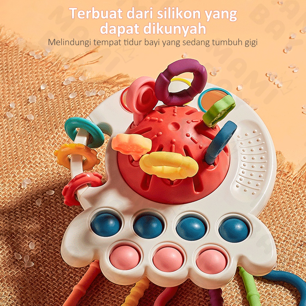 Mamibayi Pop It Teether Mainan Edukasi Sensorik Tarik Panjang Mainan Gigitan Bayi