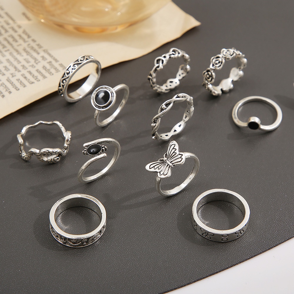 11pcs/set Vintage Antik Perak Bulan Bintang Cincin Set Untuk Wanita Butterfly Snake Flowers Joint Rings Perhiasan Hadiah