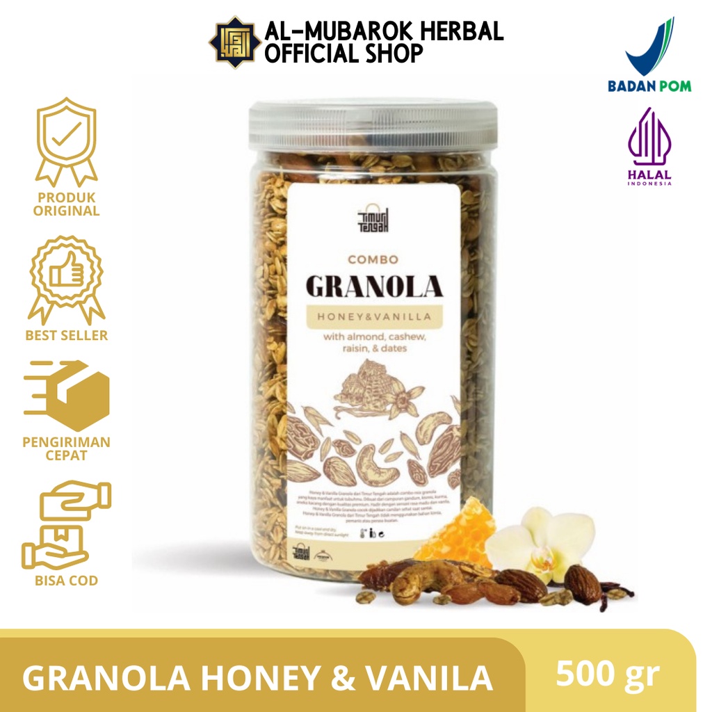 

Combo Granola Toples Honey Vanilla Premium 500 gram Timur Tengah Garnola Sereal Makanan Sehat High Quality 250g Cemilan Diet Sarapan Sehat Oat Gandum Utuh Kismis Kurma Almond Mede Mete Rasa Madu Vanila 500g